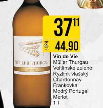 Vin de Vie Müller Thurgau Veltlínské zelené Ryzlink vlašský Chardonnay Frankovka Modrý Portugal Merlot 1l 