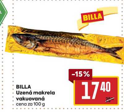 BILLA Uzená makrela vakuovaná cena za 100 g