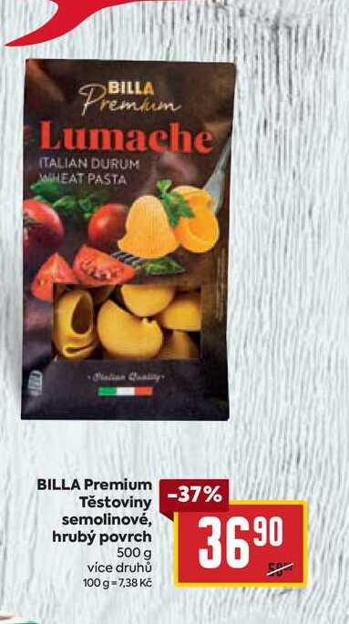 BILLA Premium Těstoviny semolinové, hrubý povrch 500 g 