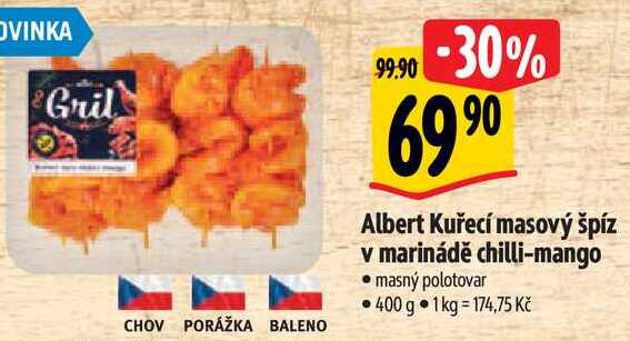 Albert Kuřecí masový špíz v marinádě chilli-mango, 400 g