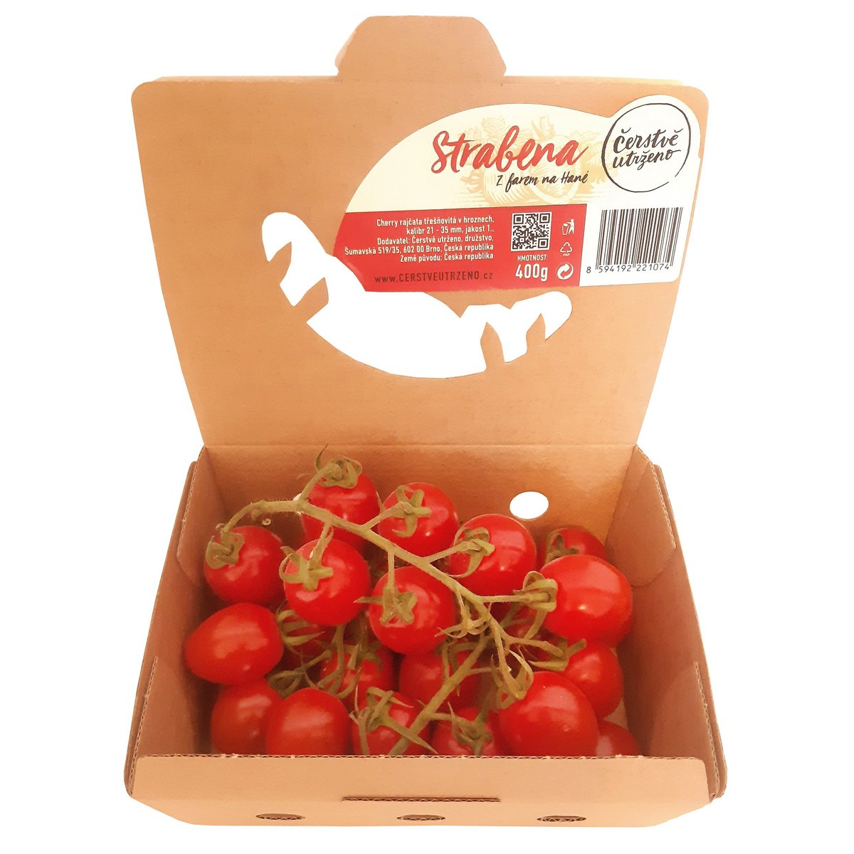 Čerstvě utrženo – Podlouhlá sladká cherry rajčata na větvičce odr. Strabena, vanička