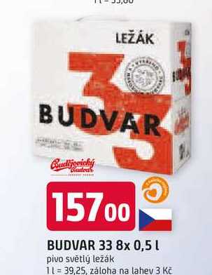 LEŽÁK BUDVAR Budějovický 8x 0,5l pivo světlý ležák 