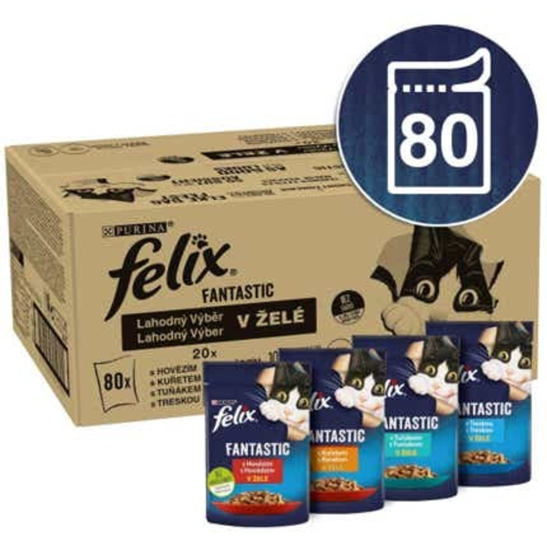 Felix Fantastic s hovězím, kuřetem, tuňákem a treskou v želé 80 x 85 g