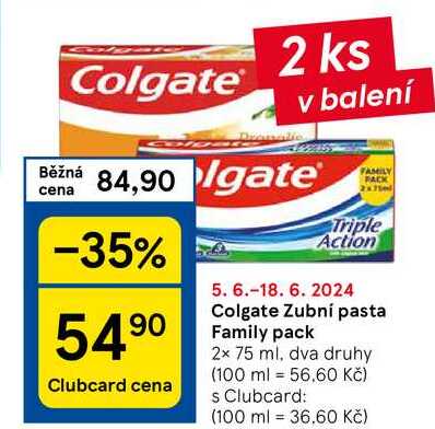 Colgate Zubní pasta Family pack, 2x 75 ml, dva druhy
