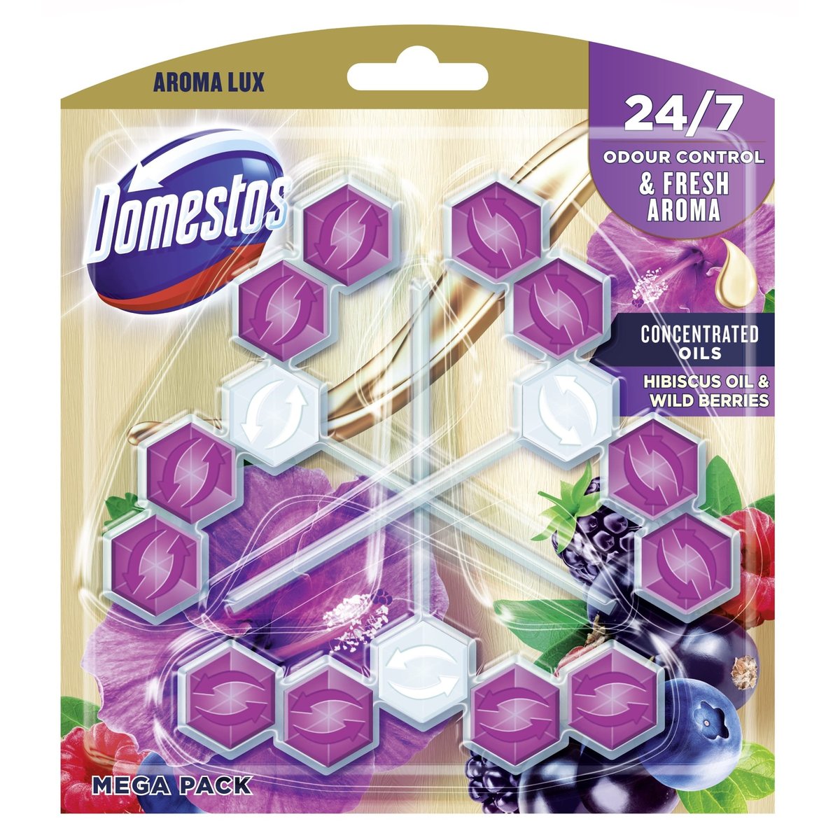 Domestos Aroma Lux Hibiscus oil & Wild Berries tuhý WC blok 3×55 g