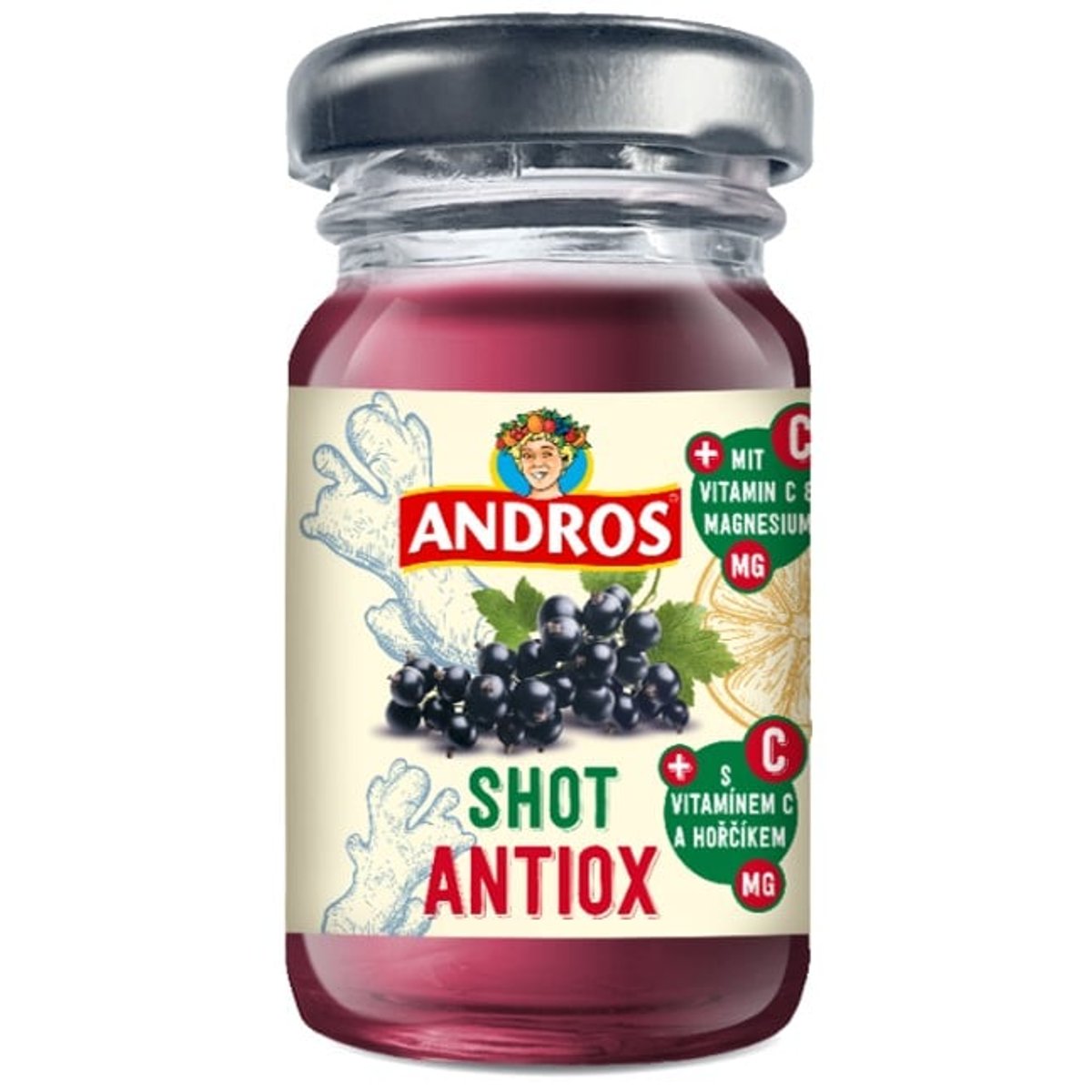 Andros Shot Antiox s příchutí černého rybízu a zázvoru