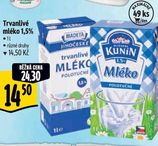 Trvanlivé mléko 1,5% 1 l