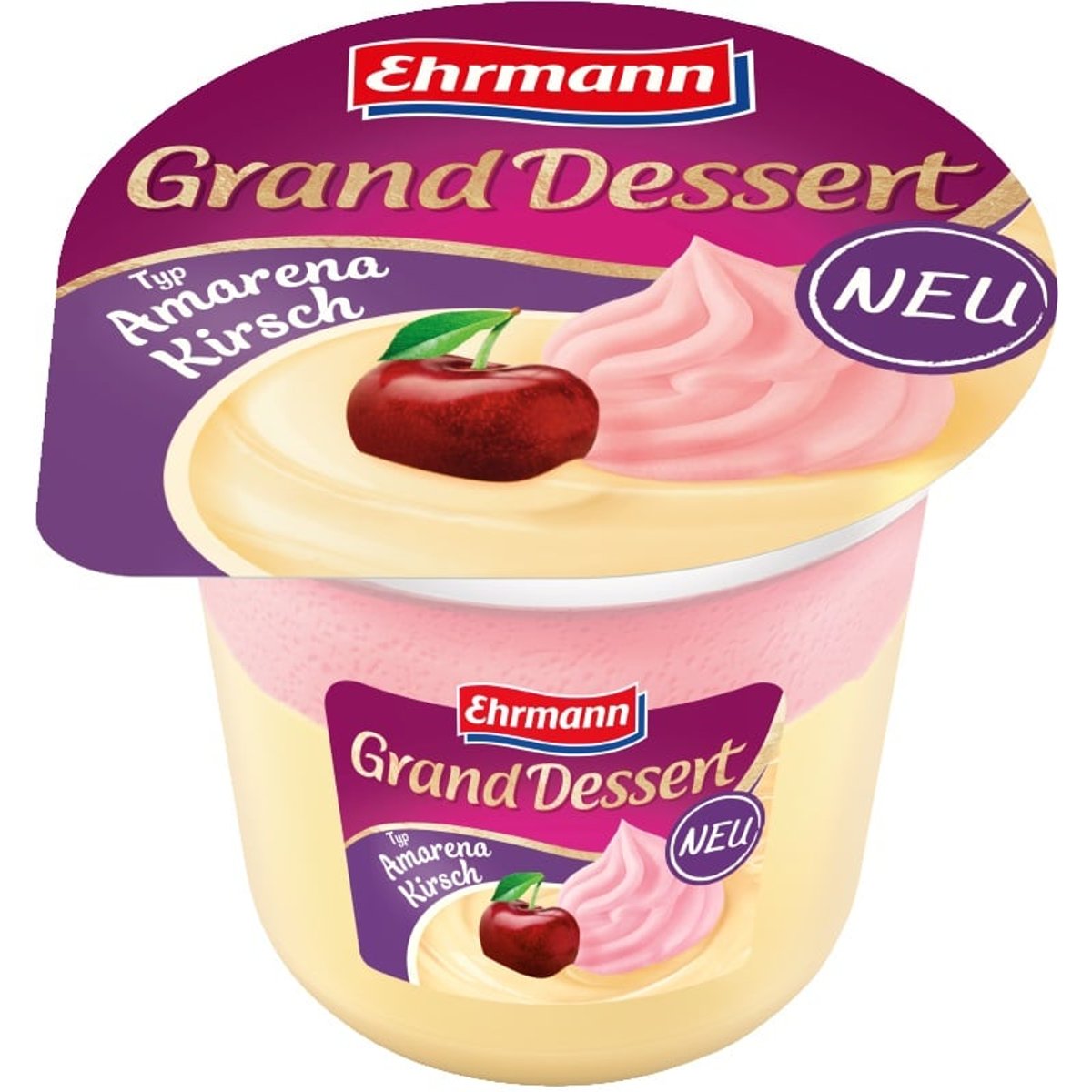 Ehrmann Grand Dessert puding se šlehačkou a příchutí třešní Amarena