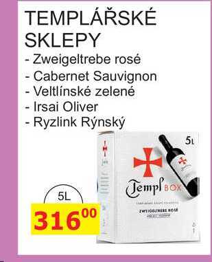 TEMPLÁŘSKÉ SKLEPY - Zweigeltrebe rosé - Cabernet Sauvignon - Veltlínské zelené - Irsai Oliver - Ryzlink Rýnský 5L 