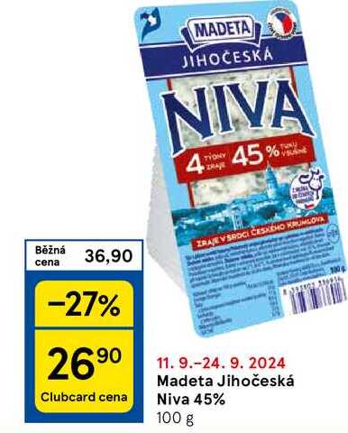 Madeta Jihočeská Clubcard cena Niva 45%, 100 g 