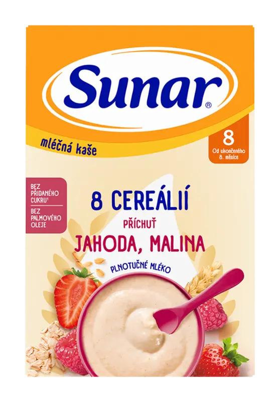 Sunar Mléčná kaše 8 cereálií s příchutí jahody a maliny, 210 g