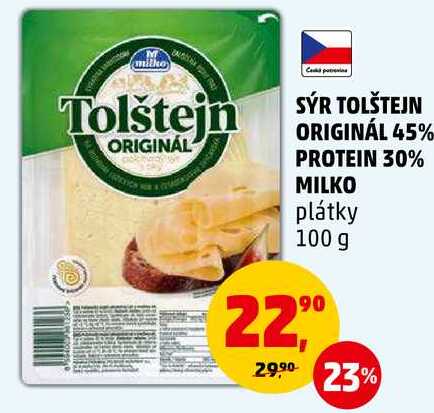 SÝR TOLŠTEJN ORIGINÁL 45% PROTEIN 30% MILKO plátky, 100 g 