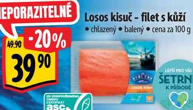 Losos kisuč - filet s kůží, cena za 100 g 