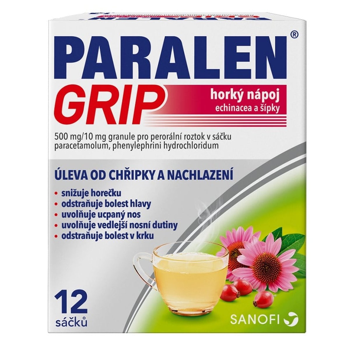 PARALEN GRIP HORKÝ NÁPOJ ECHINACEA A ŠÍPKY 500MG/10MG Granule pro perorální roztok v sáčku 12