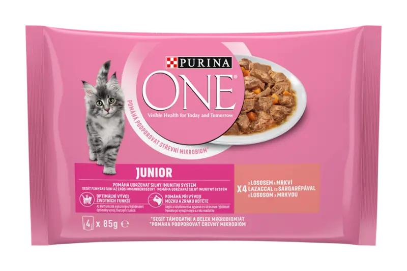 PURINA ONE Kapsička pro kočky Junior s lososem a mrkví ve šťávě multipack 4x 85 g, 340 g