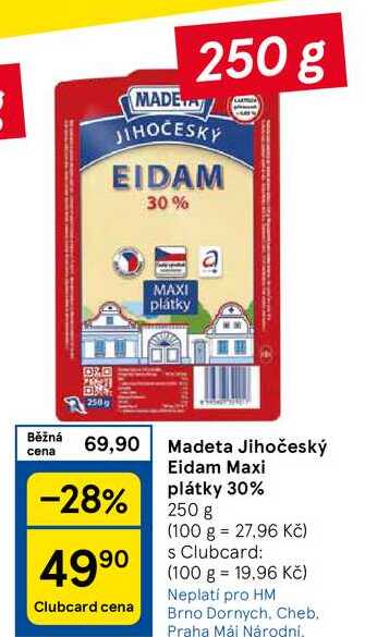 Madeta Jihočeský Eidam Maxi plátky 30%, 250 g 