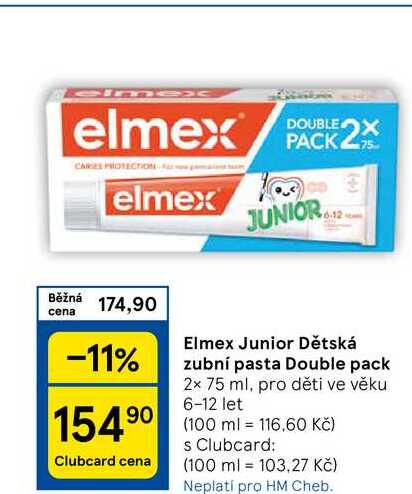 Elmex Junior Dětská zubní pasta Double pack, 2x 75 ml. pro děti ve věku 6-12 let 