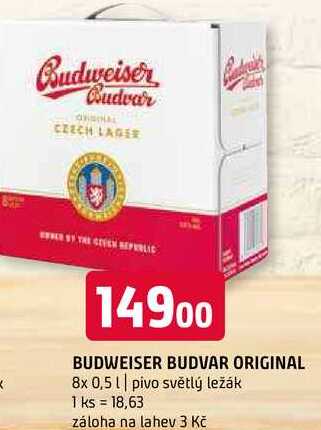 Budweiser Budvar B:Original světlý ležák 8 x 0,5l