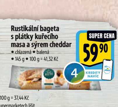 Rustikální bageta s plátky kuřecího masa a sýrem cheddar  145 g