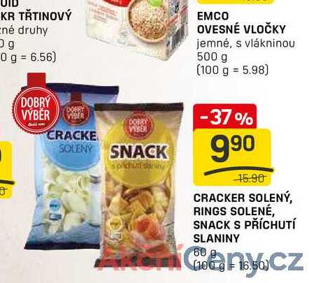 CRACKER SOLENÝ, RINGS SOLENÉ, SNACK S PŘÍCHUTÍ SLANINY 60 g