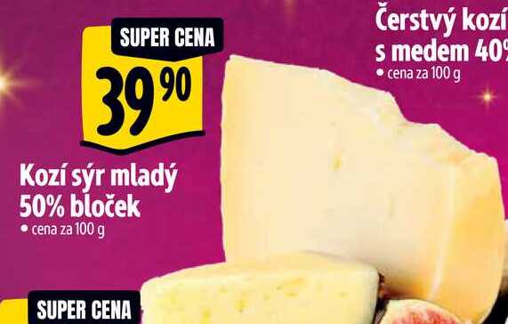 Kozí sýr mladý 50% bloček, cena za 100 g 