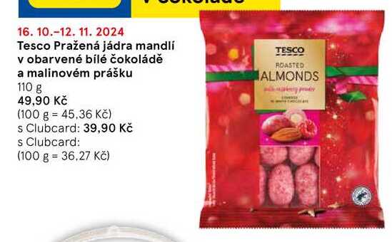 Tesco Pražená jádra mandlí v obarvené bílé čokoládě a malinovém prášku, 110 g 