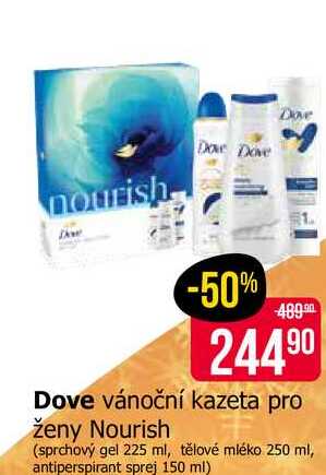 Dove vánoční kazeta pro ženy Nourish (sprchový gel 225 ml, tělové mléko 250 ml, antiperspirant sprej 150 ml) 