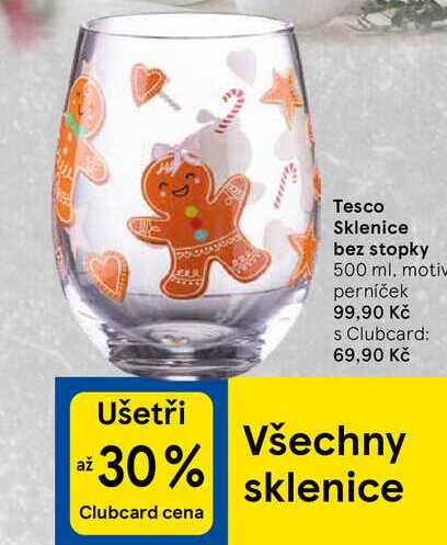 Tesco Sklenice bez stopky, 500 ml, motiv perníček 