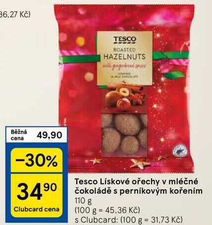 Tesco Lískové ořechy v mléčné čokoládě s perníkovým kořením, 110 g