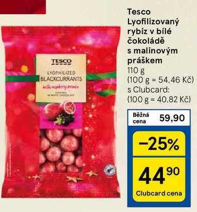 Tesco Lyofilizovaný rybíz v bílé čokoládě s malinovým práškem, 110 g 