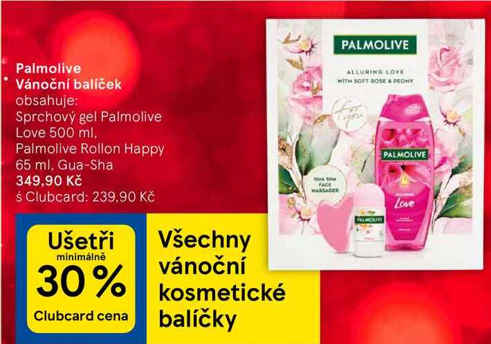 Palmolive Vánoční balíček obsahuje: Sprchový gel Palmolive Love 500 ml, Palmolive Rollon Happy 65 ml, Gua-Sha