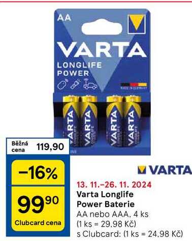 Varta Longlife Power Baterie AA nebo AAA, 4 ks