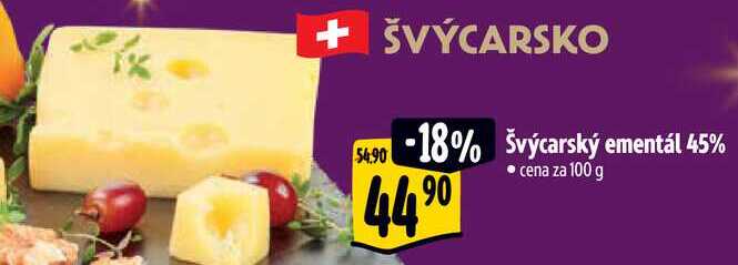 Švýcarský ementál 45%, cena za 100 g 