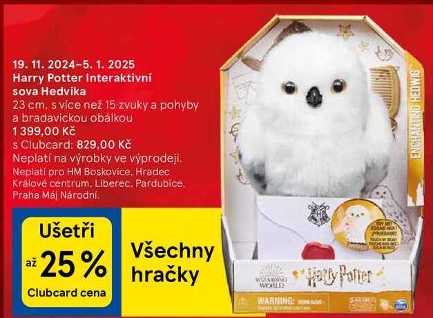 Harry Potter Interaktivní sova Hedvika 23 cm, s více než 15 zvuky a pohyby a bradavickou obálkou