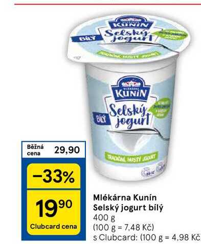 Mlékárna Kunín Selský jogurt bílý, 400 g 