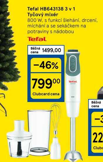 Tefal HB643138 3 v 1 Tyčový mixér 800 W. s funkcí šlehání, drcení. míchání a se sekáčkem na potraviny s nádobou 