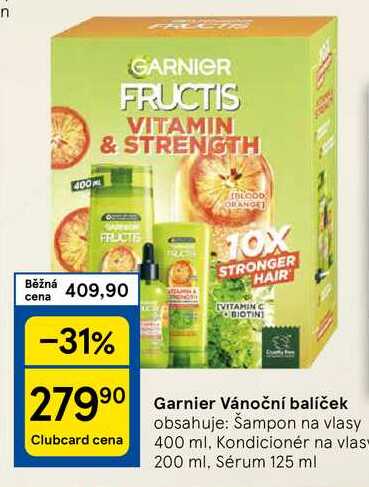 Garnier Vánoční balíček obsahuje: Šampon na vlasy 400 ml. Kondicionér na vlas 200 ml, Sérum 125 ml 