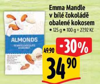 Emma Mandle v bílé čokoládě obalené kokosem, 125 g