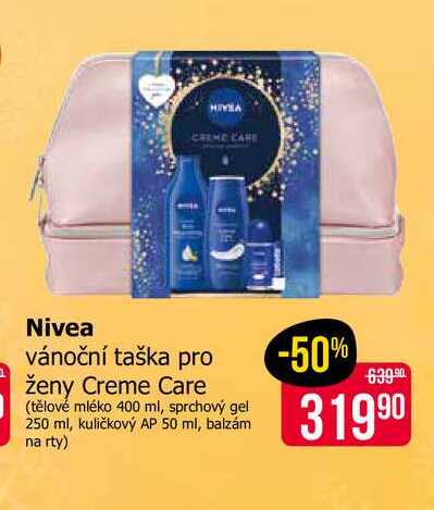 Nivea vánoční taška pro ženy Creme Care (tělové mléko 400 ml, sprchový gel 250 ml, kuličkový AP 50 ml, balzám na rty)