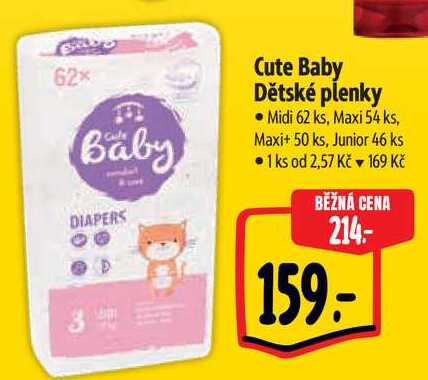 Cute Baby Dětské plenky, Midi 62 ks, Maxi 54 ks, Maxi+ 50 ks, Junior 46 ks 