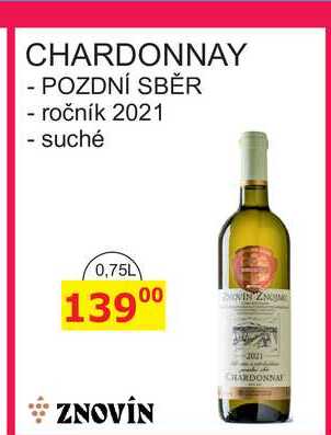 ZNOVÍN CHARDONNAY POZDNÍ SBĚR ročník 2021 - suché 0,75L 