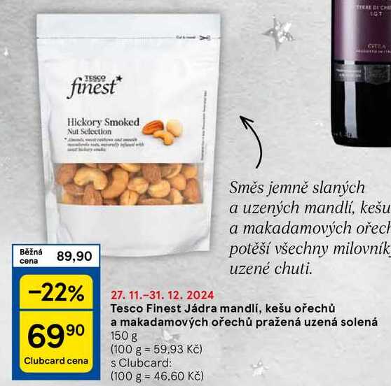 Tesco Finest Jádra mandlí, kešu ořechů a makadamových ořechů pražená uzená solená, 150 g 