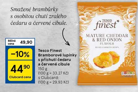 Tesco Finest Bramborové lupínky s příchutí čedaru a červené cibule, 150g 