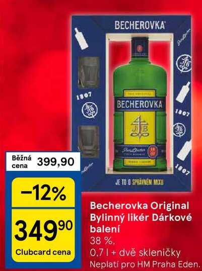 Becherovka Original Bylinný likér Dárkové balení, 0,7 l + dvě skleničky