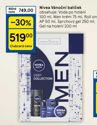 Nivea Vánoční balíček obsahuje: Voda po holení 100 ml. Men krém 75 ml. Roll on AP 50 ml, Sprchový gel 250 ml, Gel na holení 200 ml 