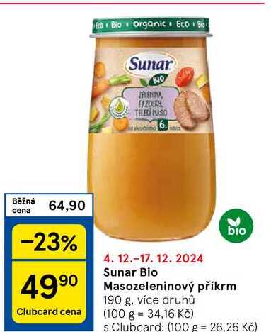 Sunar bio Masozeleninový příkrm, 190 g