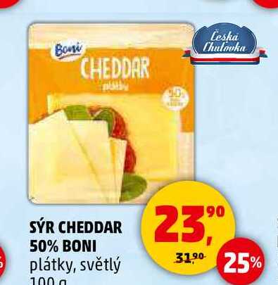 SÝR CHEDDAR 50% BONI plátky, světlý, 100 g 