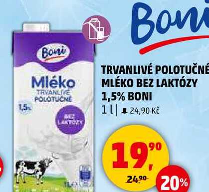 TRVANLIVÉ POLOTUČNÉ MLÉKO BEZ LAKTÓZY 1,5% BONI, 1 l 