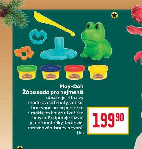 Play-Doh Žába sada pro nejmenší obsahuje: 4 barvy modelovací hmoty, žabku, barevnou hraci podložku s motivem hmyzu, tvořítka hmyzu. Podporuje rozvoj jemné motoriky, fantazie, rozeznávání barev a tvarů. 1ks 