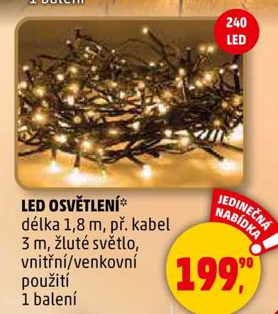 LED OSVĚTLENÍ délka 1,8 m, př. kabel 3 m, žluté světlo, vnitřní/venkovní použití, 1 balení 